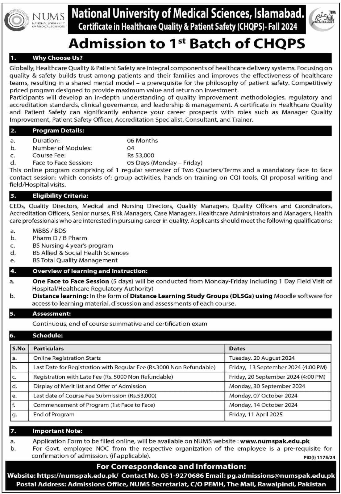 Admisssion Open in National University of Medical Sciences – National University of Medical Science NUMS Admissions 2024 — original advertisement