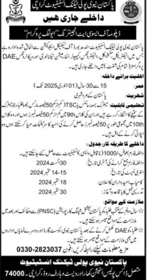 Admission Open in Pakistan Navy Politech Institute Karachi Admissions 2024 — original advertisement