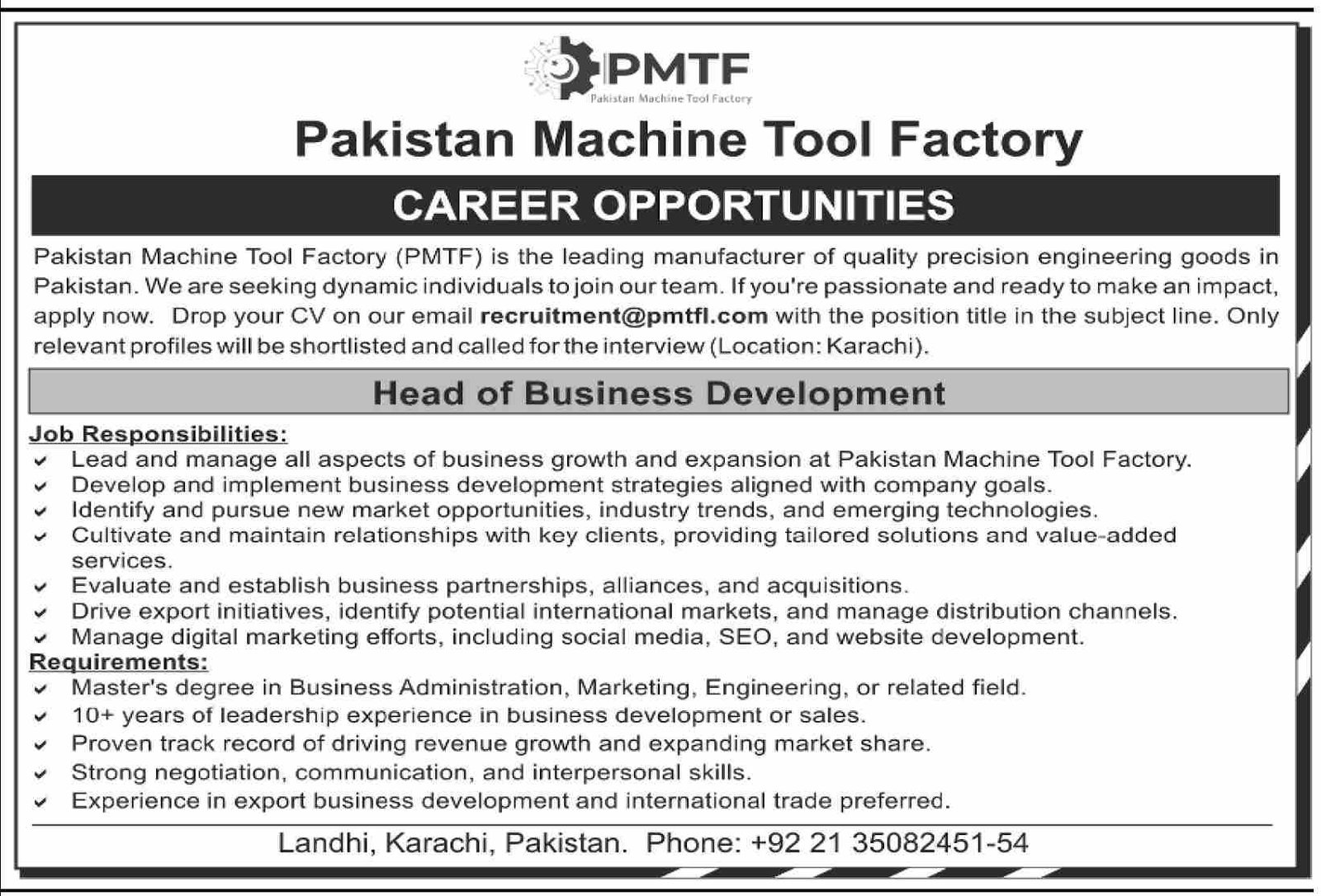 Pakistan Machine Tool Factory Landhi Karachi Jobs 2024 – Private Company Jobs 2024 — original advertisement