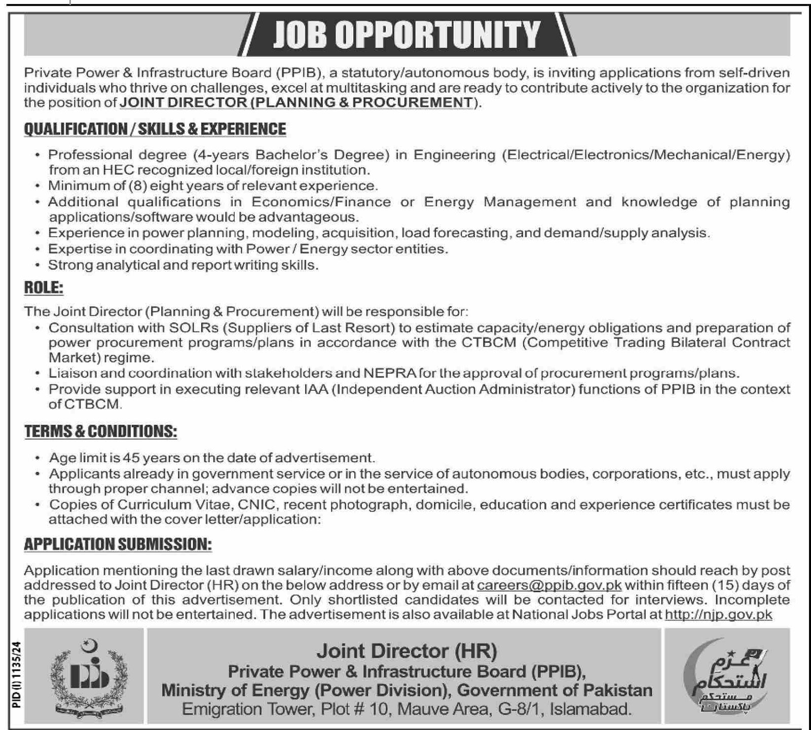 Private Power & Infrasturcture Board PPIB Jobs 2024 – Ministry of Energy Power division Islamabad Jobs 2024 — original advertisement
