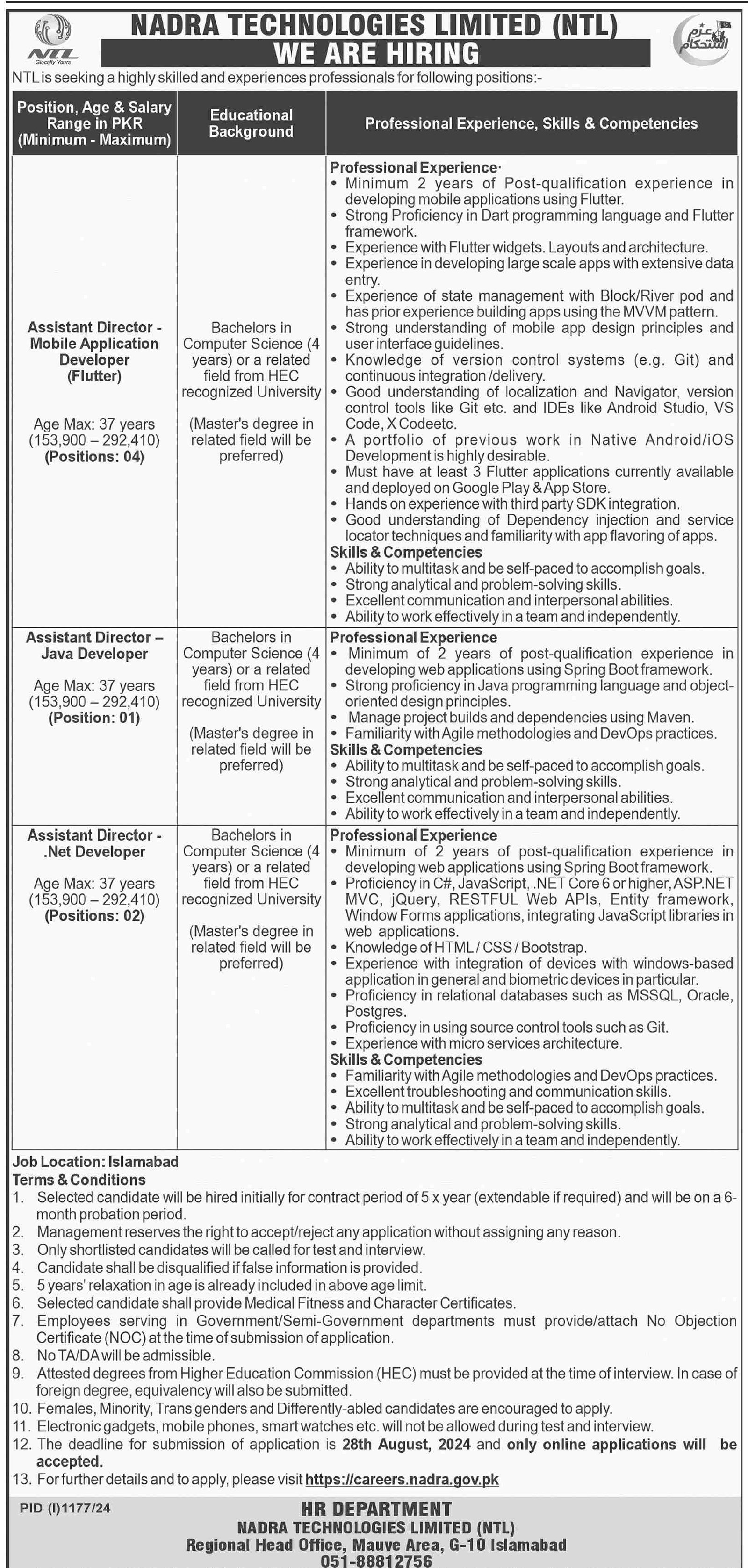 Nadra Technologies Limited NTL Islamabad Jobs 2024 Jobs 2024 — original advertisement