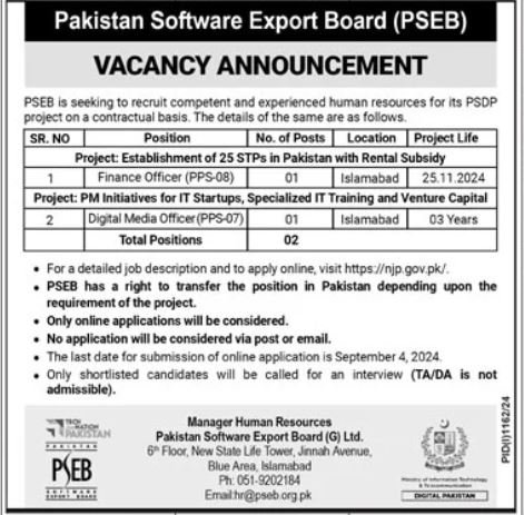 Pakistan Software Export Board PSEB Islamabad Jobs 2024 Jobs 2024 — original advertisement