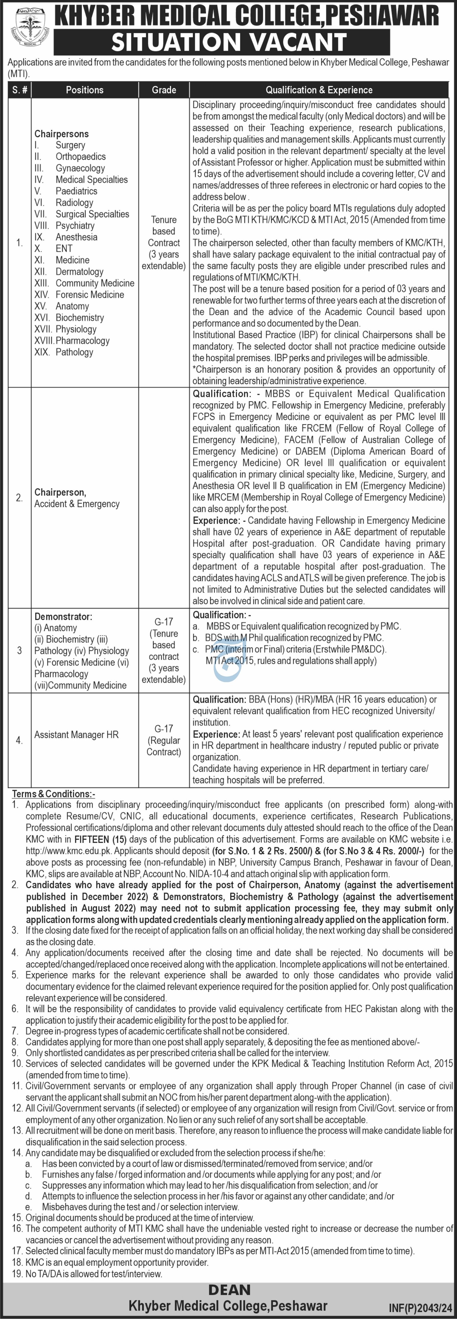 Khyber Medical College Peshawar Jobs 2024 – Khyber Medical University Peshawar Jobs 2024 — original advertisement