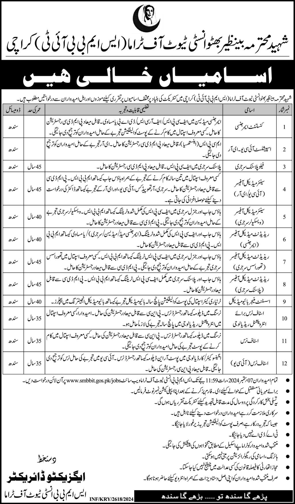 Shaheed Mohtarma Benazir Institute of Trauma SMBBIT Job 2024 – Shaheed Mohtarma Benazir Bhutto Institute Of Trauma Jobs 2024 — original advertisement