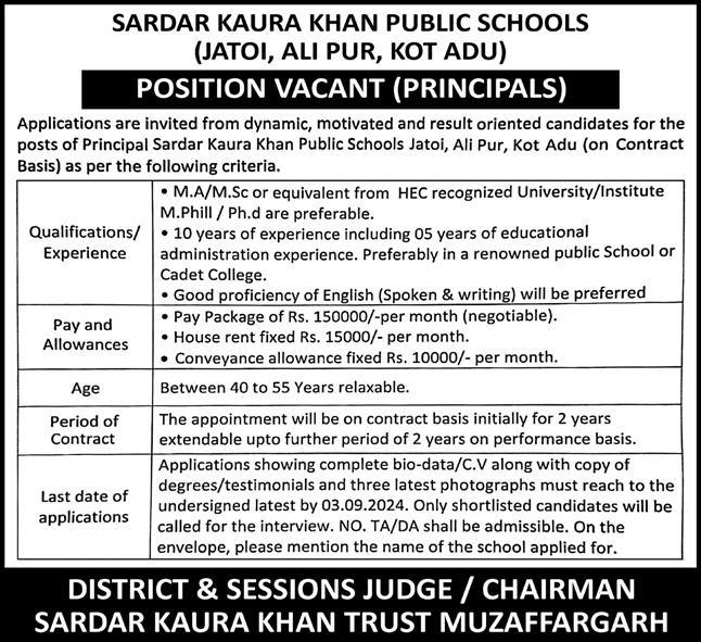 Sardar Kaura Khan Public School Kot Addu Jobs 2024 – Sardar Kaury Khan Public Higher Secondary School Jobs 2024 — original advertisement