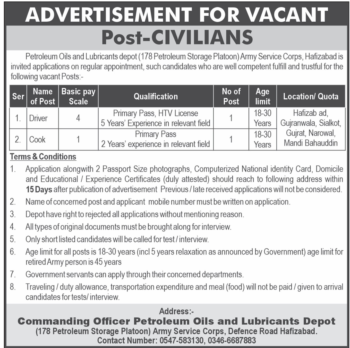 Petroleum Oil & Lubricant Depot Army Hafizabad Jobs 2024 – Pakistan Army Jobs 2024 — original advertisement