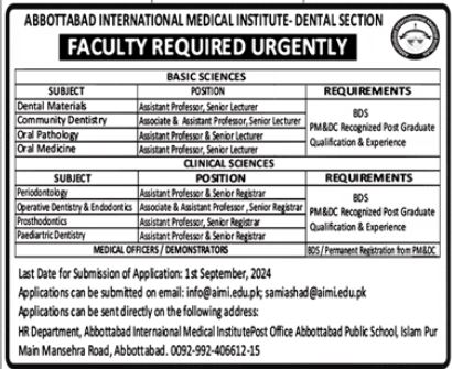 Abbottabad International Medical Institute Kpk Jobs 2024 – Women Medical and Dental College Abbottabad Jobs 2024 — original advertisement