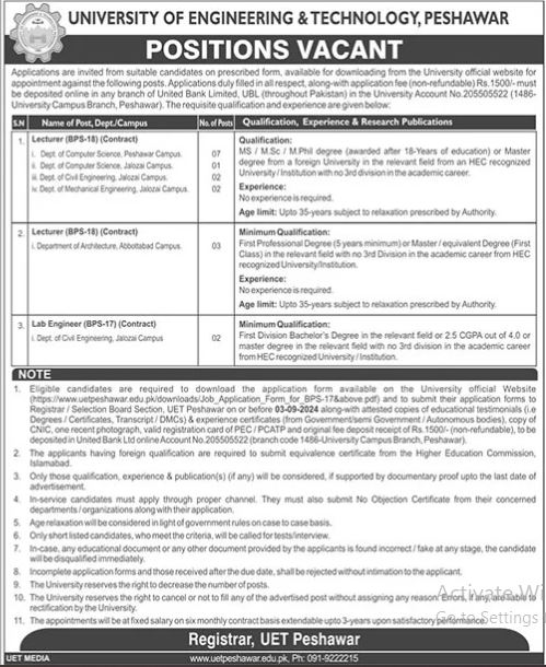 University of Engineering and Technology UET Peshawar Jobs – University of Engineering and Technology Peshawar Jobs 2024 — original advertisement