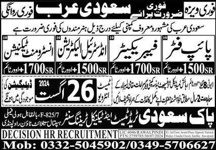 Fabricator & Industrial Electrician Jobs 2024 Saudi Arabia – Pak Saudi Trade Test & Technical Training Center Jobs 2024 — original advertisement