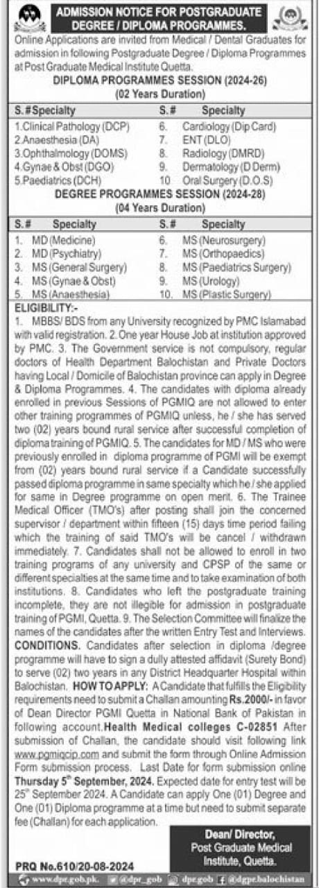 Admission Open in Post Gradute Medical Institute Quetta – Post Graduate Medical Institute (PGMI) Quetta Admissions 2024 — original advertisement