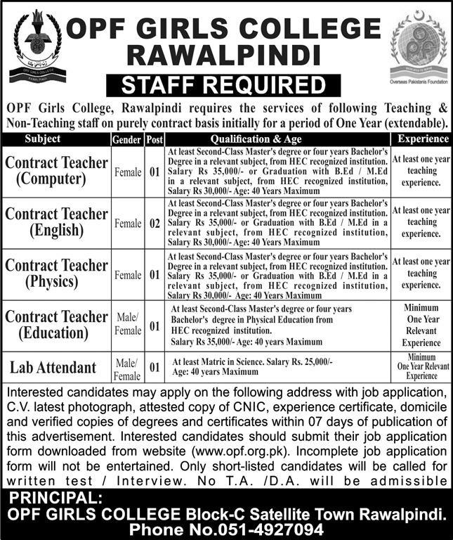 OPF Girls College Rawalpindi Punjab Jobs 2024 Jobs 2024 — original advertisement