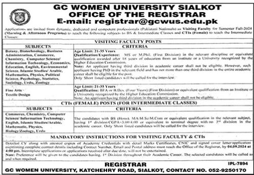 GC Women University Sialkot Punjab Jobs 2024 – Government College Women University Sialkot Jobs 2024 — original advertisement