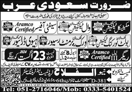 Work Permit Receiver & Wall Technician Jobs 2024 – Al Falah Trade Test Jobs 2024 — original advertisement