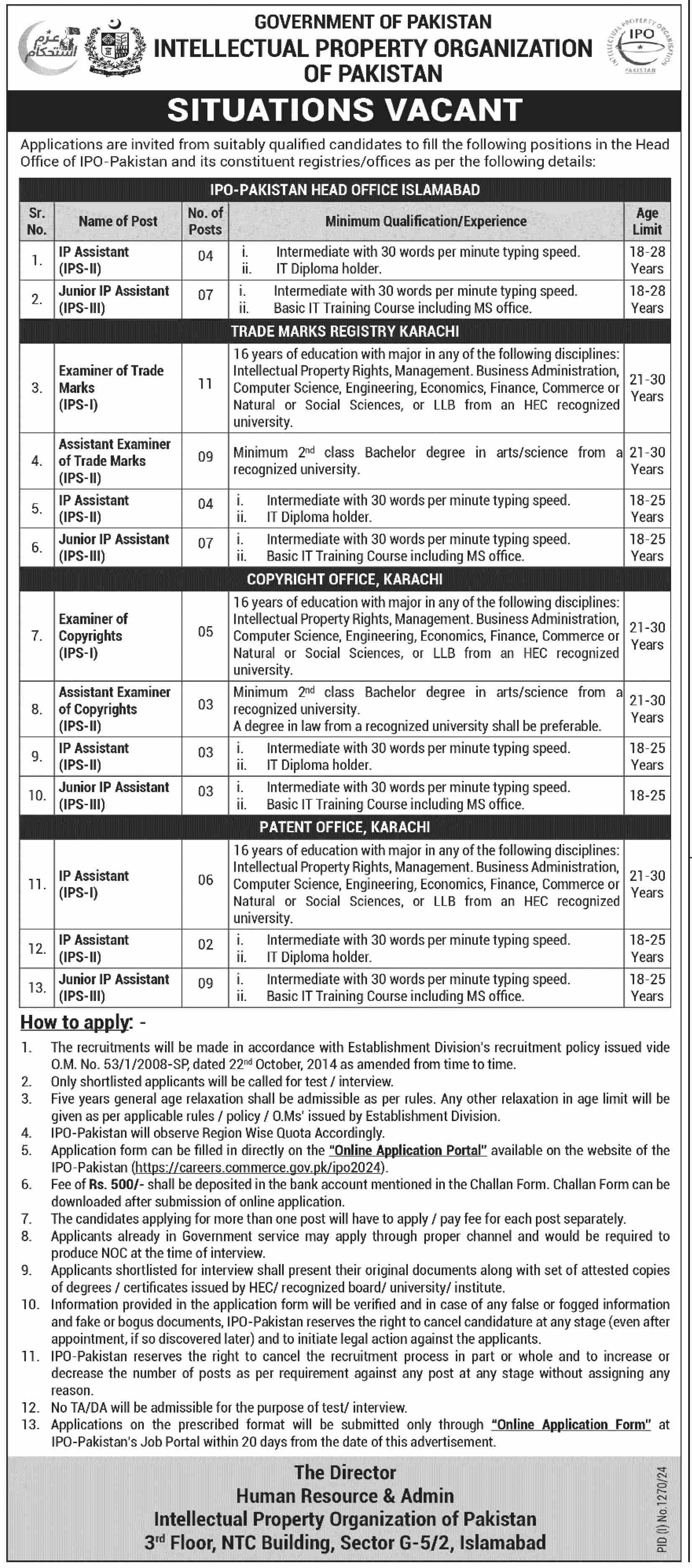 Intellectual Property Organization Of Pakistan Islamabad Job – Federal Government Organization Jobs 2024 — original advertisement