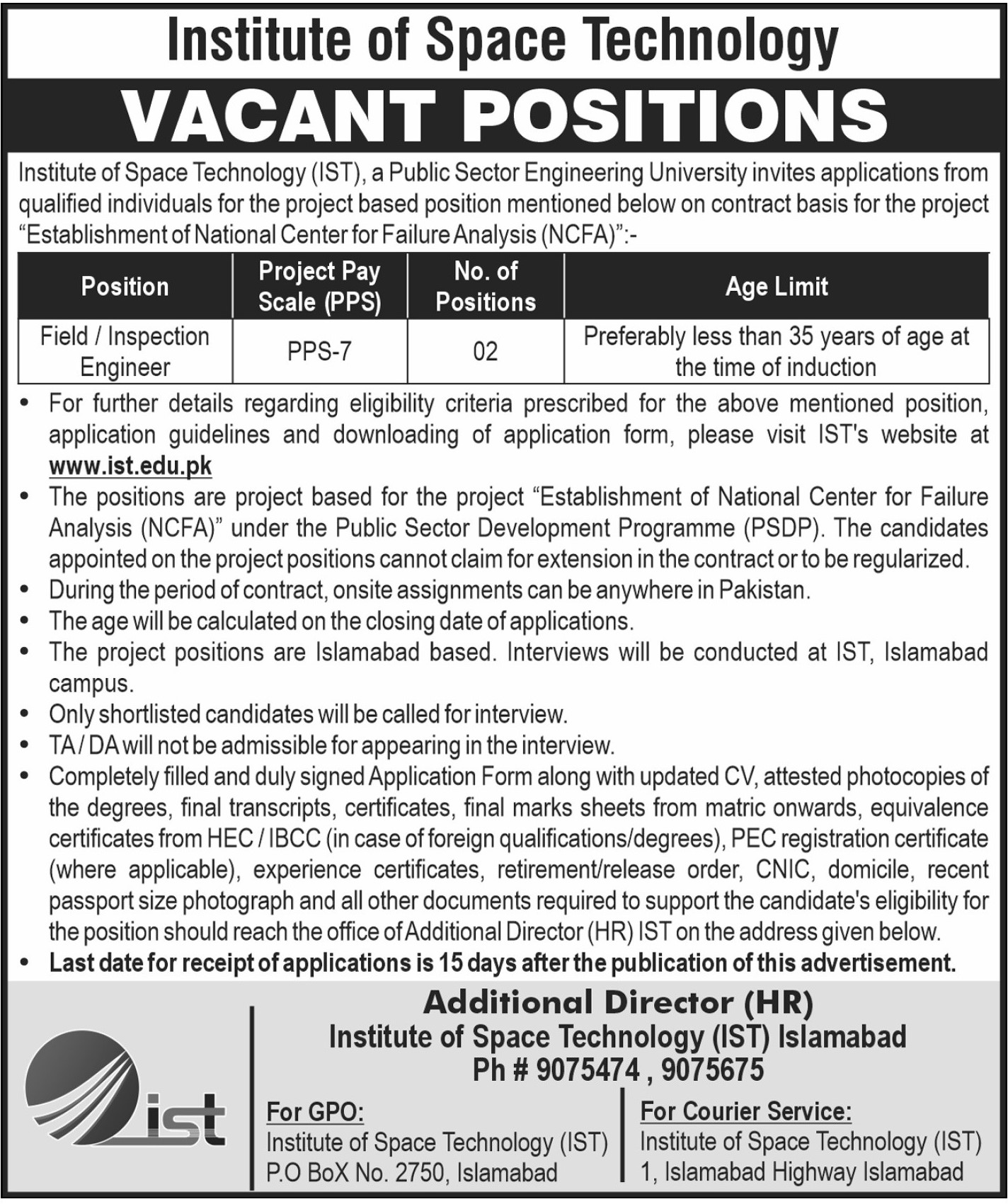 Institute Of Space Technology IST Islamabad Jobs 2024 – Institute of Space Technology ITS Islamabad Jobs 2024 — original advertisement