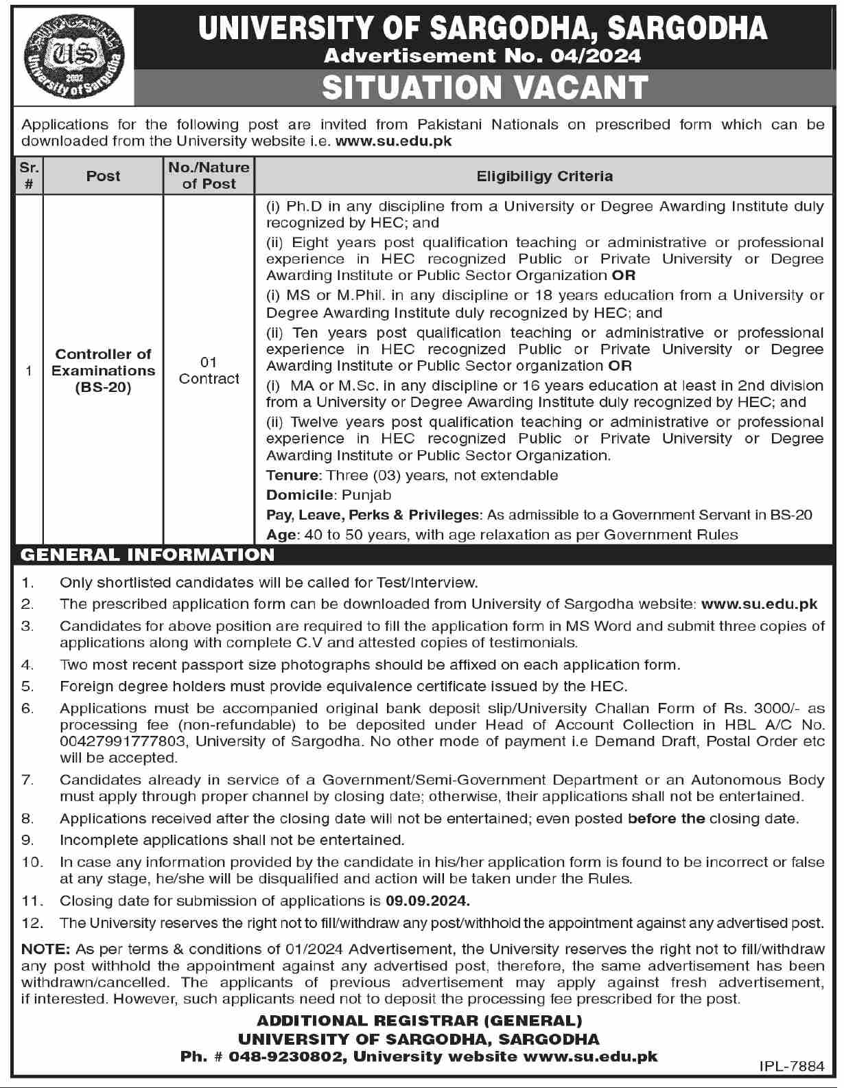 University Of Sargodha Punjab UOS Job 2024 Jobs 2024 — original advertisement