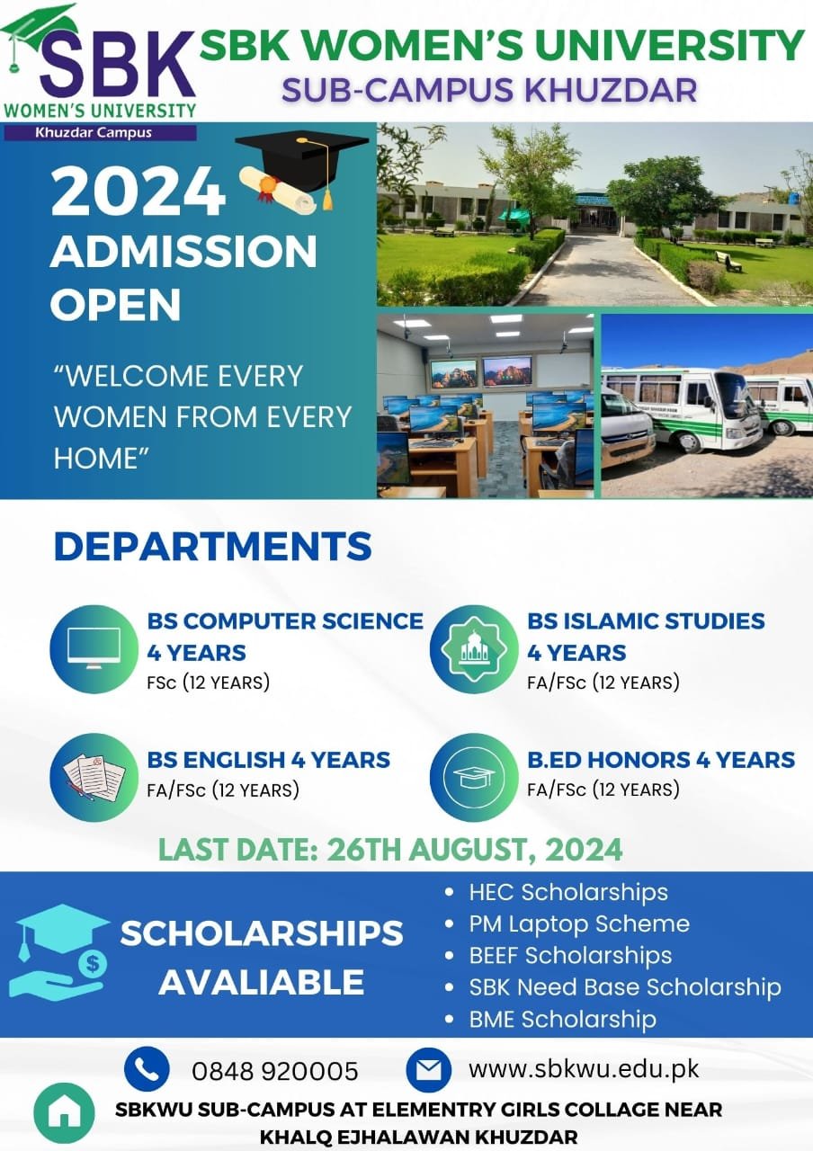 Admission Open Sardar Bahadur Khan Women's University Khuzda – Sardar Bahadur Khan Women's University Quetta Admissions 2024 — original advertisement