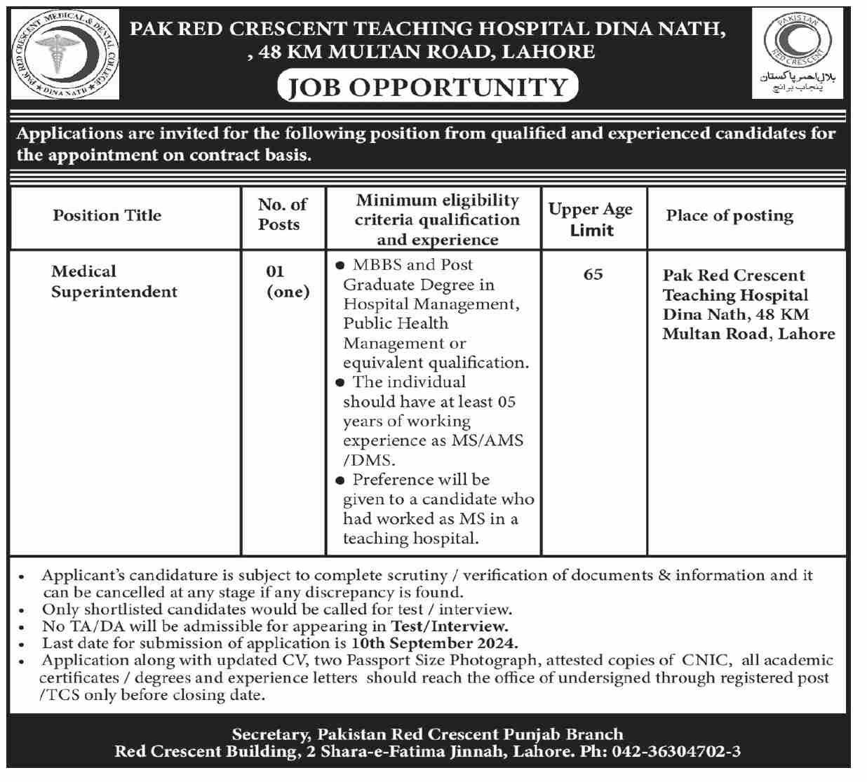 Pak Red Crescent Teaching Hospital Jobs 2024 – Pak Red Crescent Medical College Teaching Hospital Jobs 2024 — original advertisement