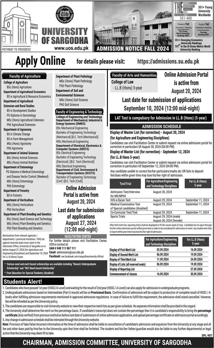 Admission Open in University of Sargodha Punjab 2024 Admissions 2024 — original advertisement