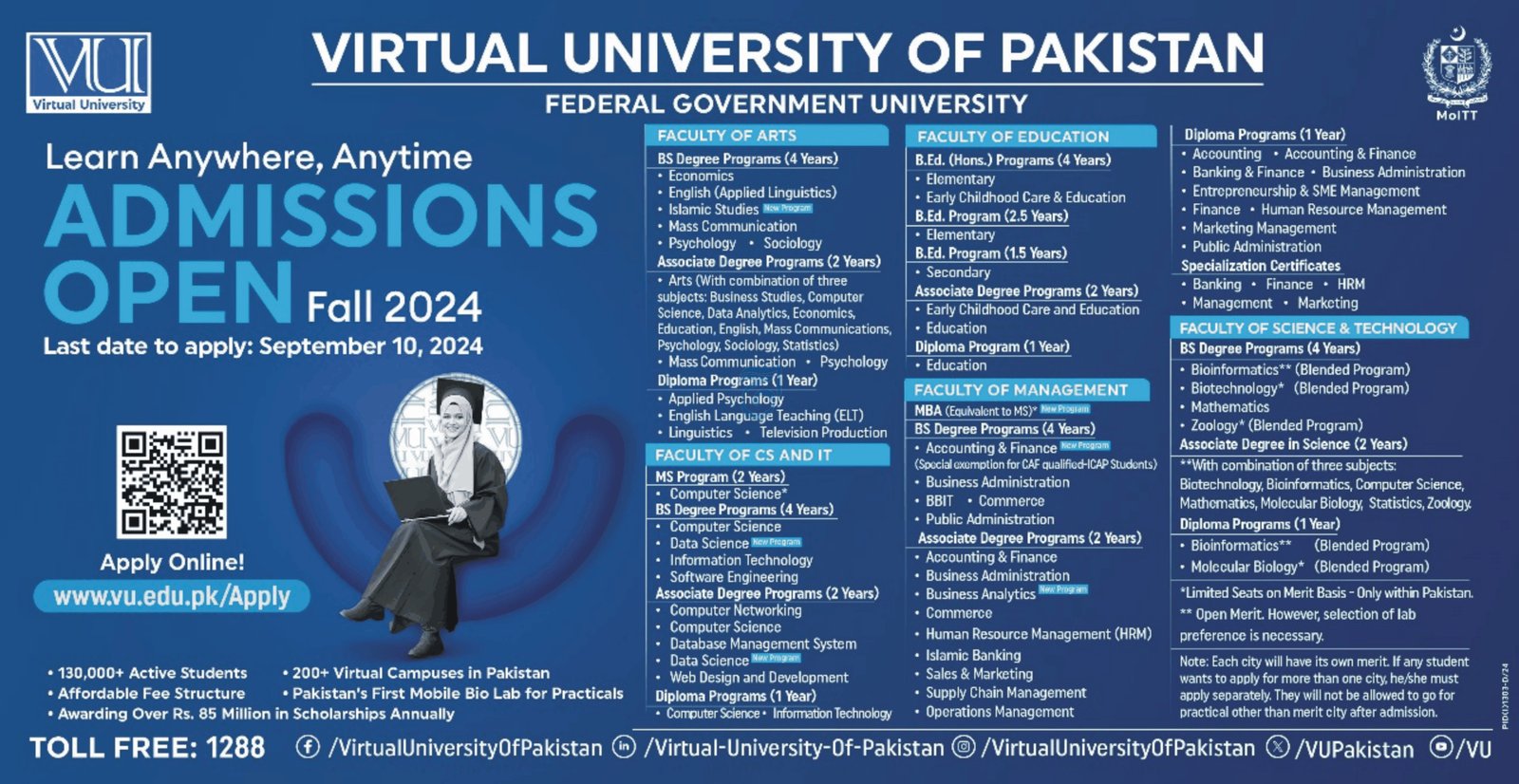 Admission Open in Virtual University of Pakistan 2024 Admissions 2024 — original advertisement