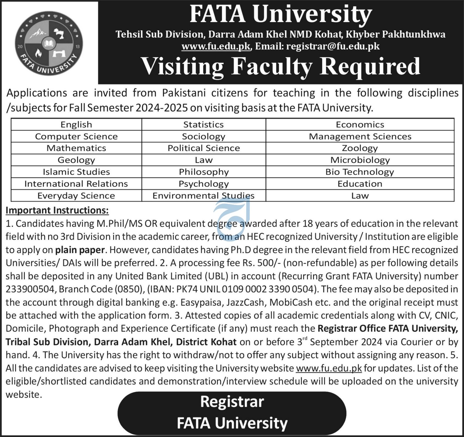 Fata University Kohat Khyber Pakhtunkhwa Jobs 2024 – FATA University Akhorwal Darra Adam Khel FR Kohat Jobs 2024 — original advertisement