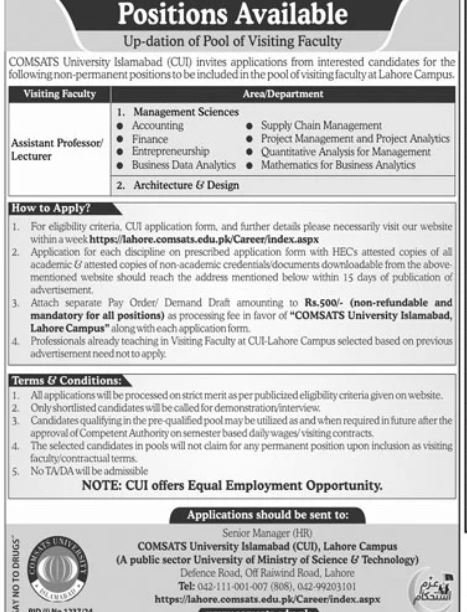 Comsats University Lahore Campus Jobs 2024 – COMSATS University Islamabad Jobs 2024 — original advertisement