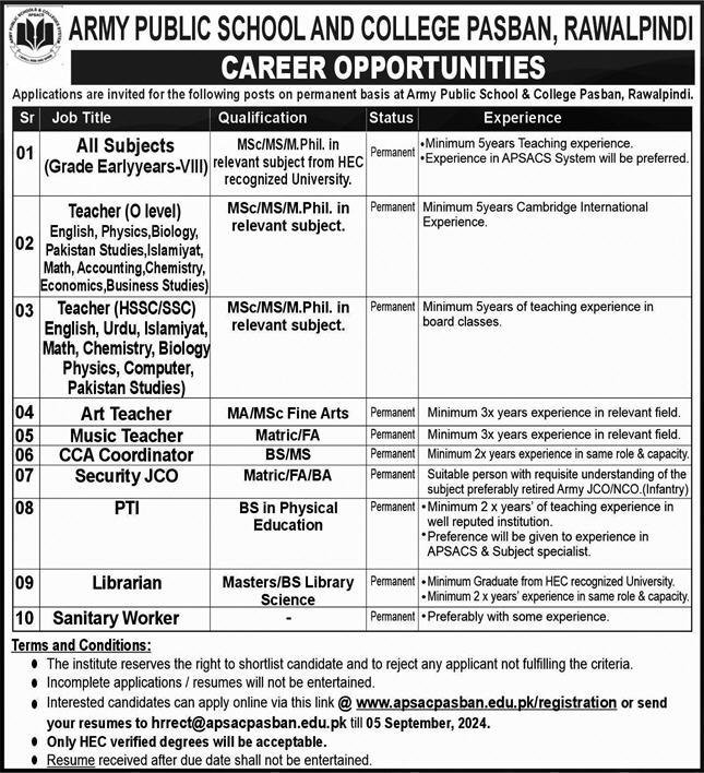 Army Public School & College APS&C Rawalpindi Jobs 2024 – Army Public School & College Paksitan Jobs 2024 — original advertisement