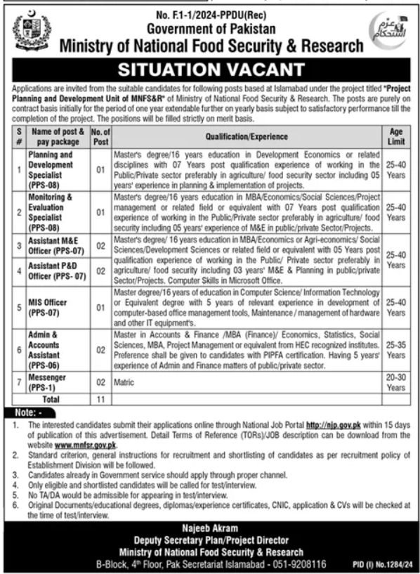 Ministry Of National Food Security Islamabad Jobs 2024 – Ministry of National Food Security & Research Jobs 2024 — original advertisement