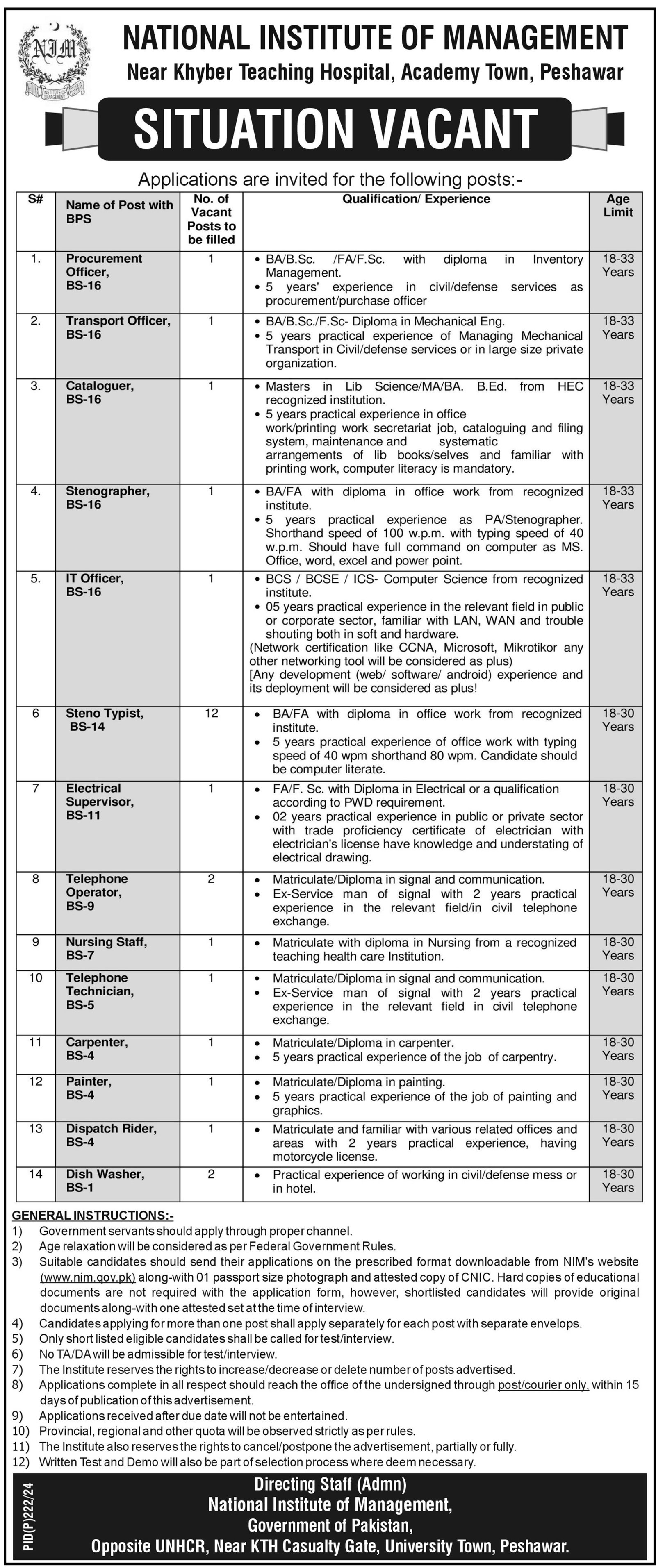 National Institute Of Management Peshawar Jobs 2024 – National Institute of Health and Management Sciences Jobs 2024 — original advertisement