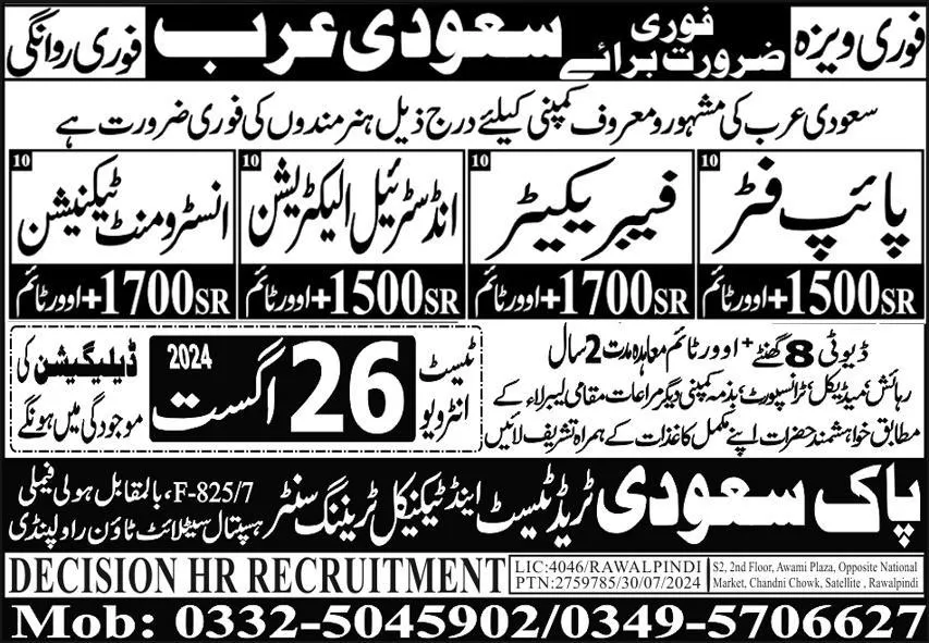 Pipe Fitter And Fabcartor Jobs in Saudia Arabia 2024 – Pak Saudi Trade Test & Technical Training Center Jobs 2024 — original advertisement