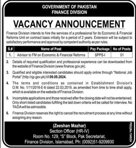 Finance Division Islamabad Jobs 2024 Jobs 2024 — original advertisement