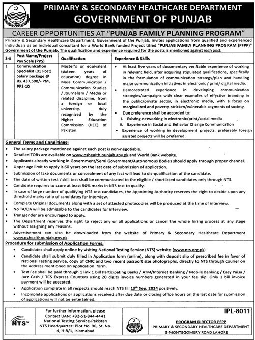 Primary & Secondary Healthcare Department Jobs 2024 – Health Department Punjab Jobs 2024 — original advertisement