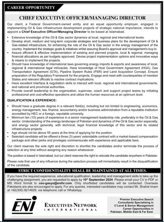 Executive Network International ENI Islamabad Jobs 2024 – Federal Government Organization Jobs 2024 — original advertisement