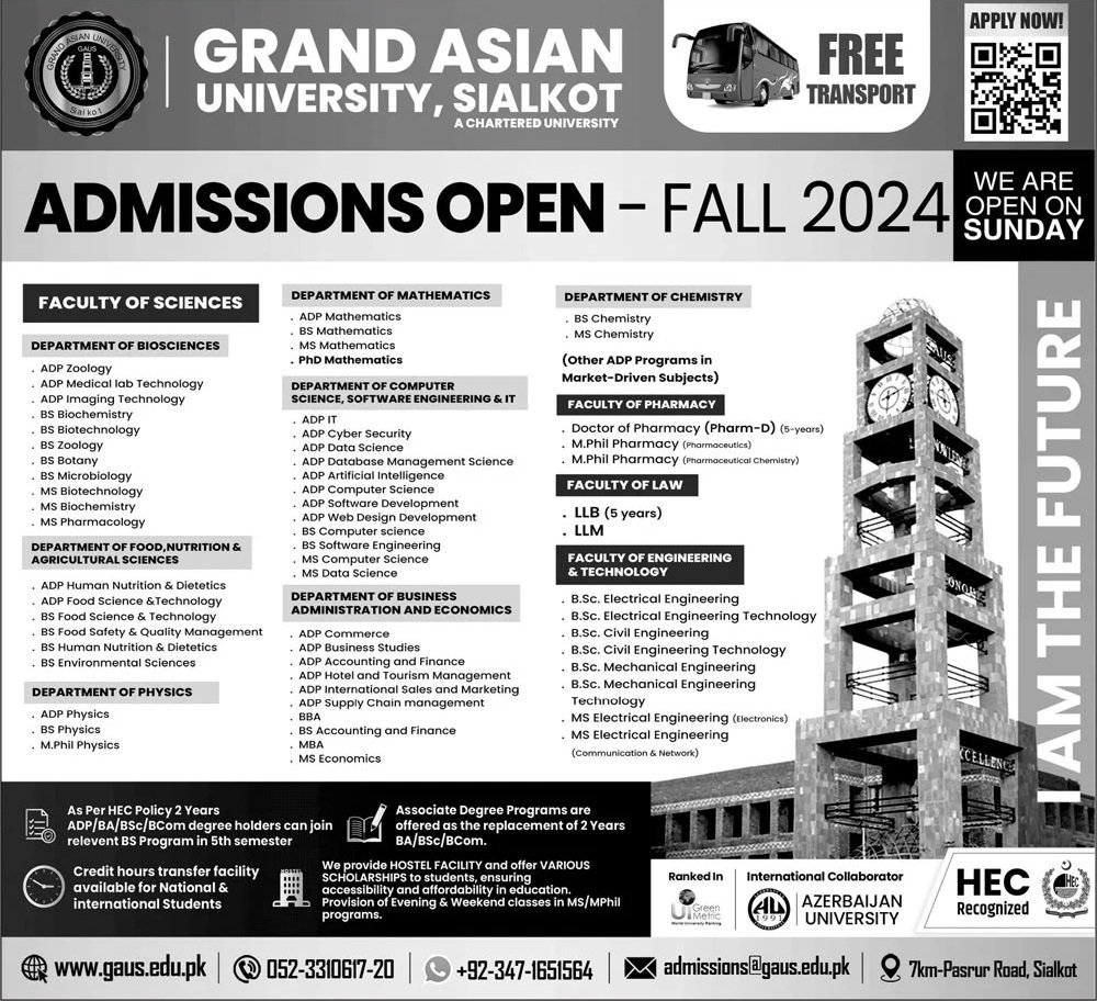 Admission Open in Grand Asian University Sialkot 2024 Admissions 2024 — original advertisement