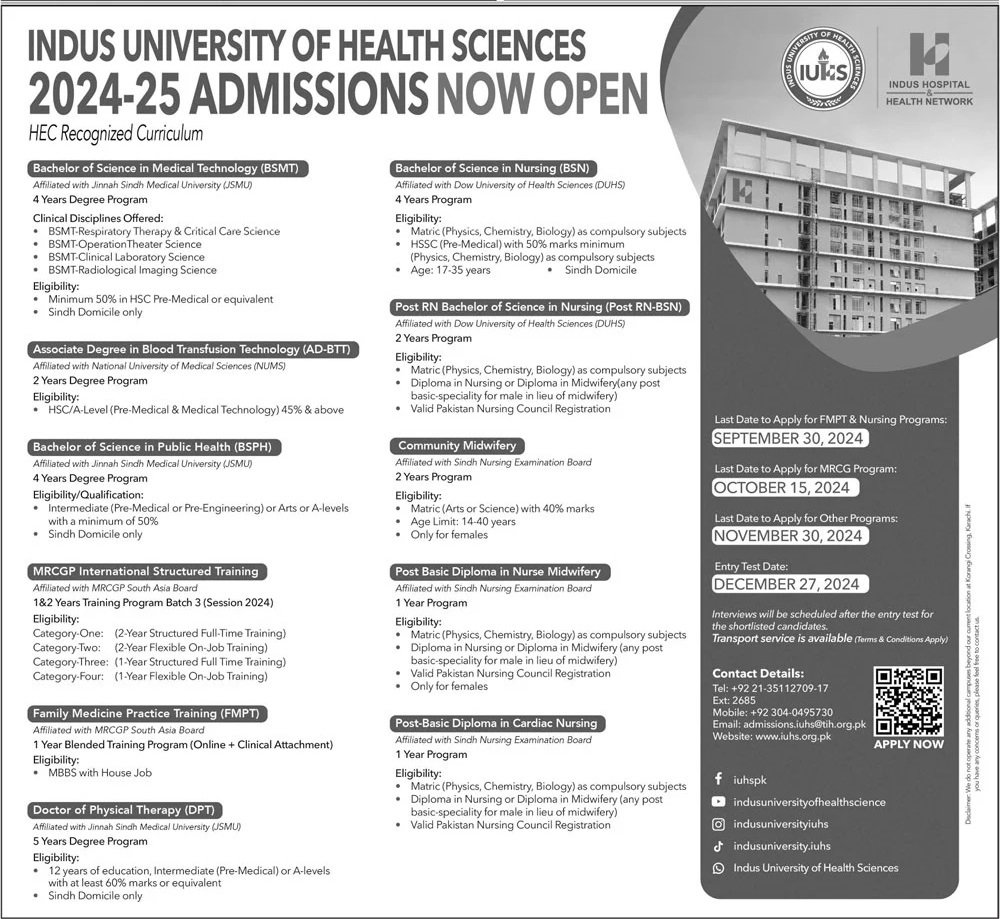 Admission Open in Indus University of Health Science 2024-25 – Indus Hospital Admissions 2024 — original advertisement