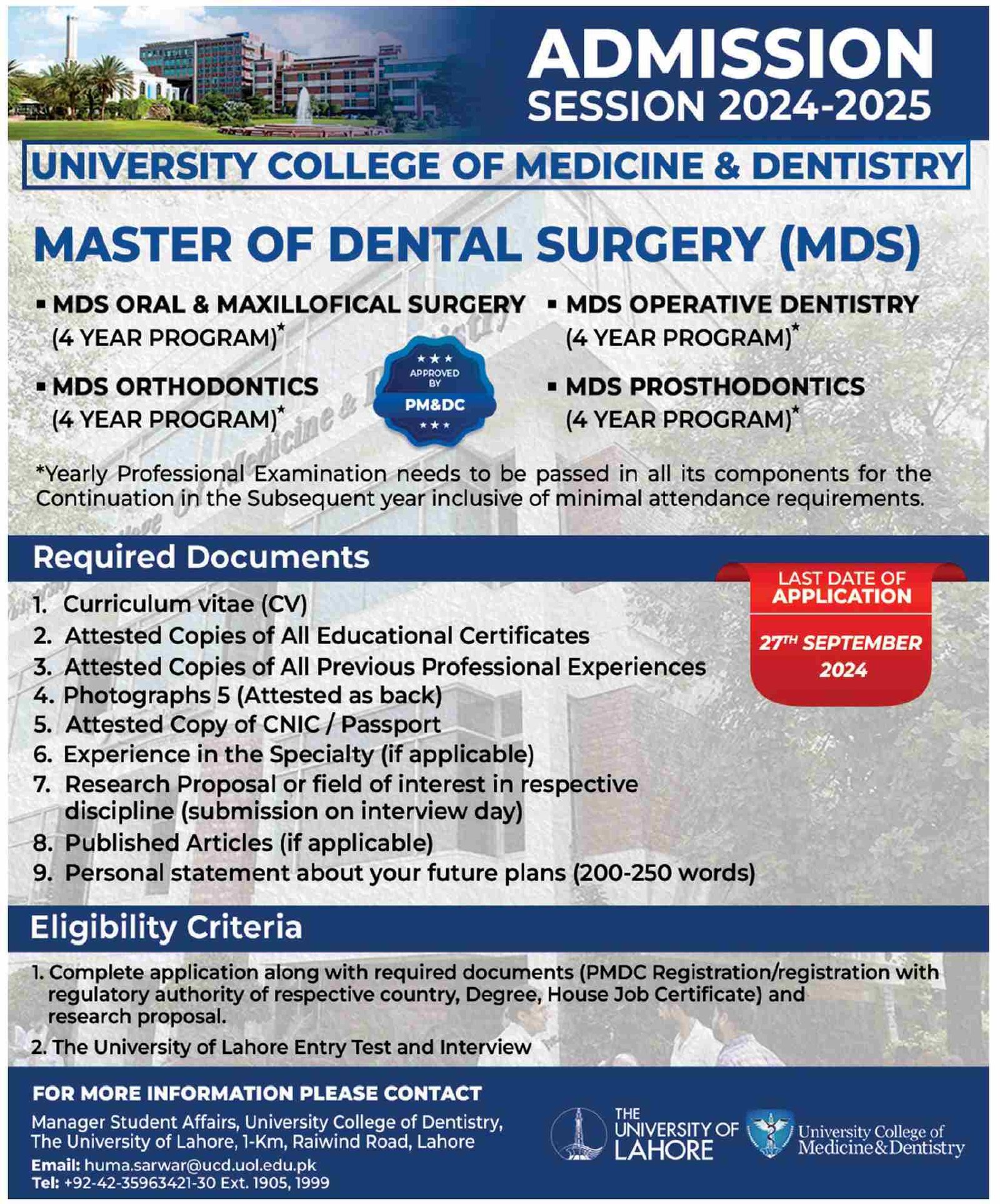Admission Open in Univeristy College of Medicine & Dentistar – University of Lahore Admissions 2024 — original advertisement