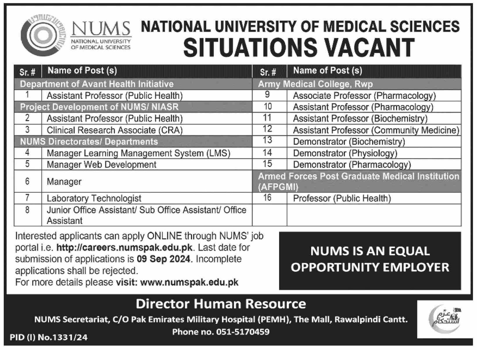 National University of Medical Sciences NUMS Jobs 2024 – National University of Medical Science NUMS Jobs 2024 — original advertisement