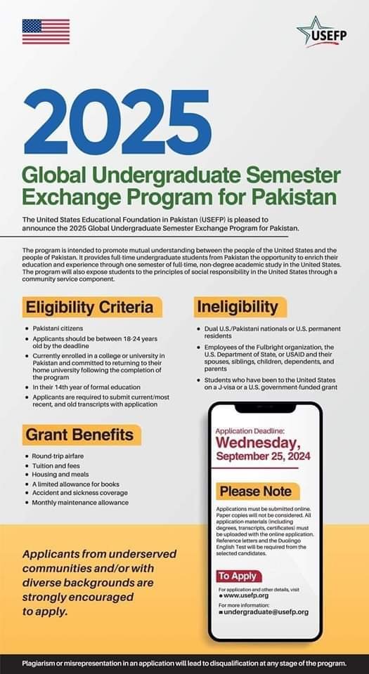 Global Undergraduate Semester Exchange Program for Pakistan – The United States Educational Foundation in Pakistan Jobs 2024 — original advertisement