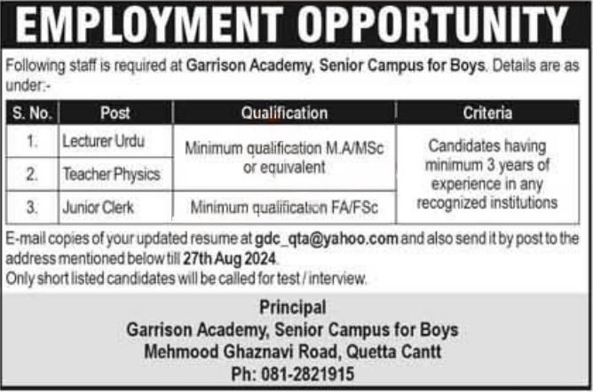 Garrison Academy Senior Campus for Boys Quetta Jobs 2024 – Federal Govt Educational Institutes Cantts and Garrisons Jobs 2024 — original advertisement