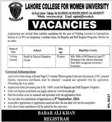 Lahore College For Women University LCWU Jobs 2024 – Lahore College for Women University Lahore Jobs 2024 — original advertisement