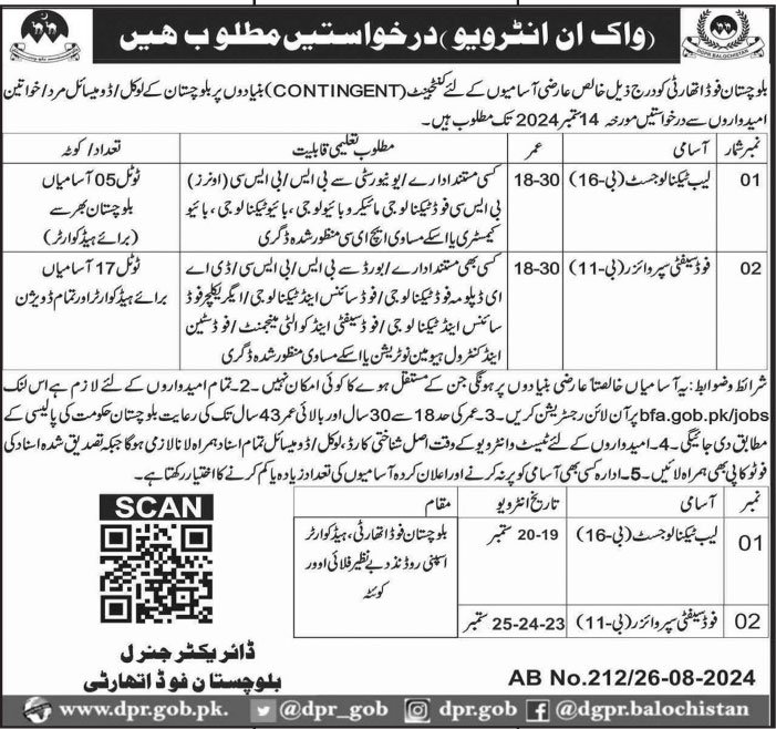 Balochistan Food Authority Walk in Interview 2024 – Food Department Balochistan Jobs 2024 — original advertisement