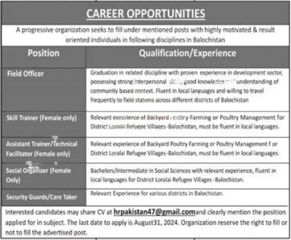 Progressive Org NGO Balochistan Jobs 2024 – Public Sector Organization Jobs 2024 — original advertisement