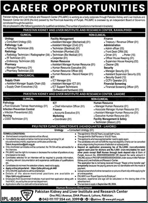 Pakistan Kidney And Liver Institute Lahore Jobs 2024 – Pakistan Kidney And Liver Institute (PKLI) And Research Centre Lahore Jobs 2024 — original advertisement