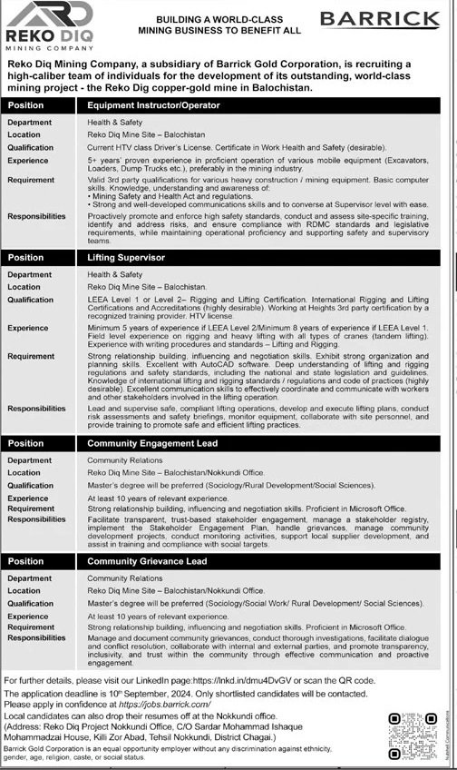 Barrick Pakistan Reko Diq Mining Company Jobs 2024 Jobs 2024 — original advertisement