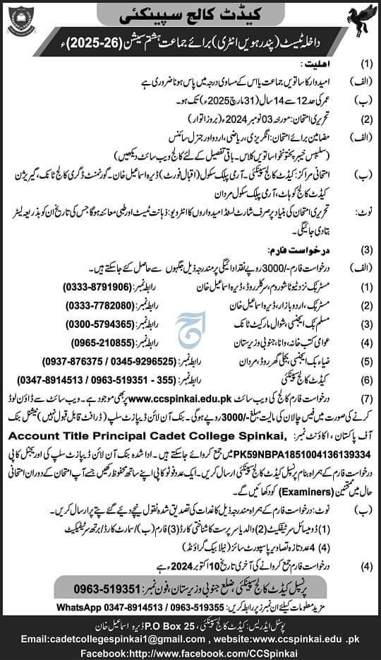 Admission Open in Spinki South Wazirstan 2024 – Cadet College Spinkai South Waziristan Agency Admissions 2024 — original advertisement