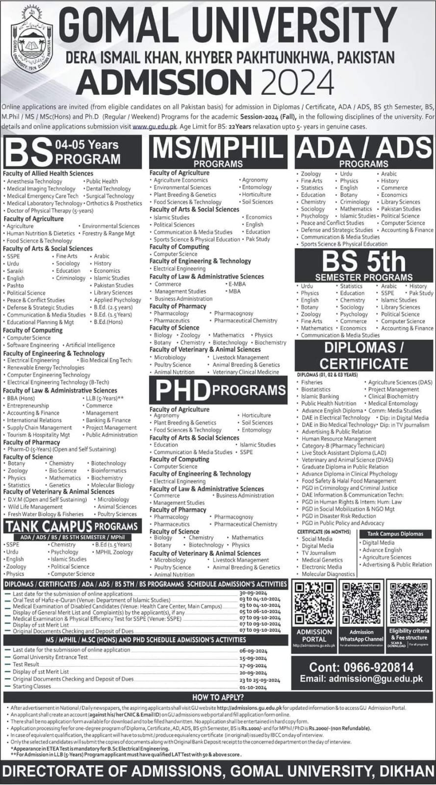 Admission Open in Gomal University Dera Ismail Khan 2024 Admissions 2024 — original advertisement