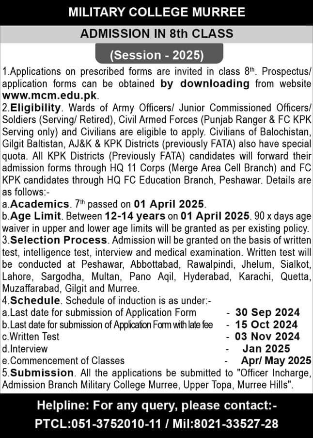 Admission Open in Military College Murre – Military College Murree Admissions 2024 — original advertisement