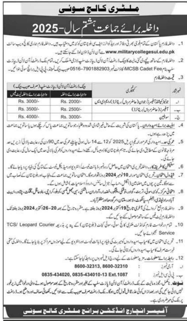 Admission Open in Military College Sui Balochistan 2025 Admissions 2024 — original advertisement