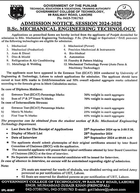 Admission Technical Education & Vocational Training Authorit – Technical Education & Vocational Training Authority TEVTA Punjab Admissions 2024 — original advertisement