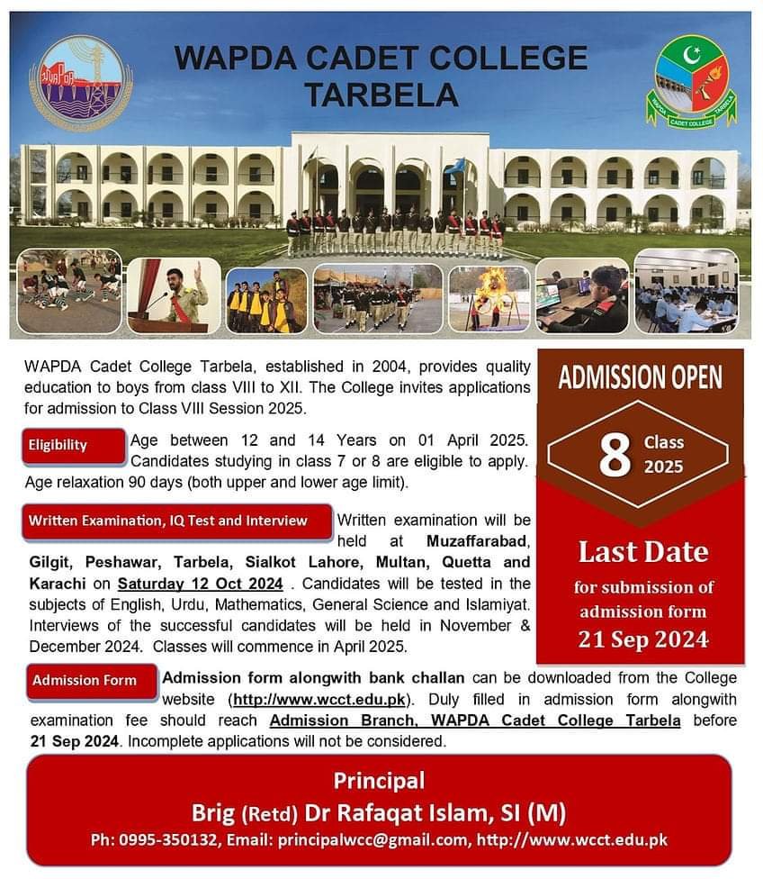 Admission Open in Wapda College Tarbela 2024 – WAPDA Cadet College Tarbela Admissions 2024 — original advertisement